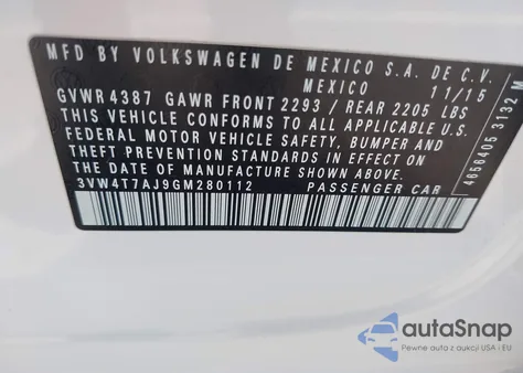 2016 Volkswagen Jetta 2.0T Gli Sel z USA, uszkodzony, nr VIN 3VW4T7AJ9GM280112